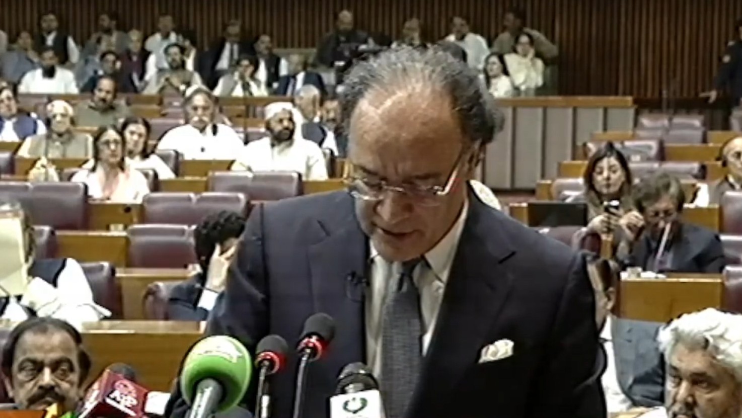 Finance Minister Aurangzeb presents FY2026-27 budget amid opposition protest in National Assembly