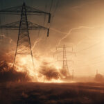 Sunset silhouette of electricity pylon in nature power supply grid generated by AI