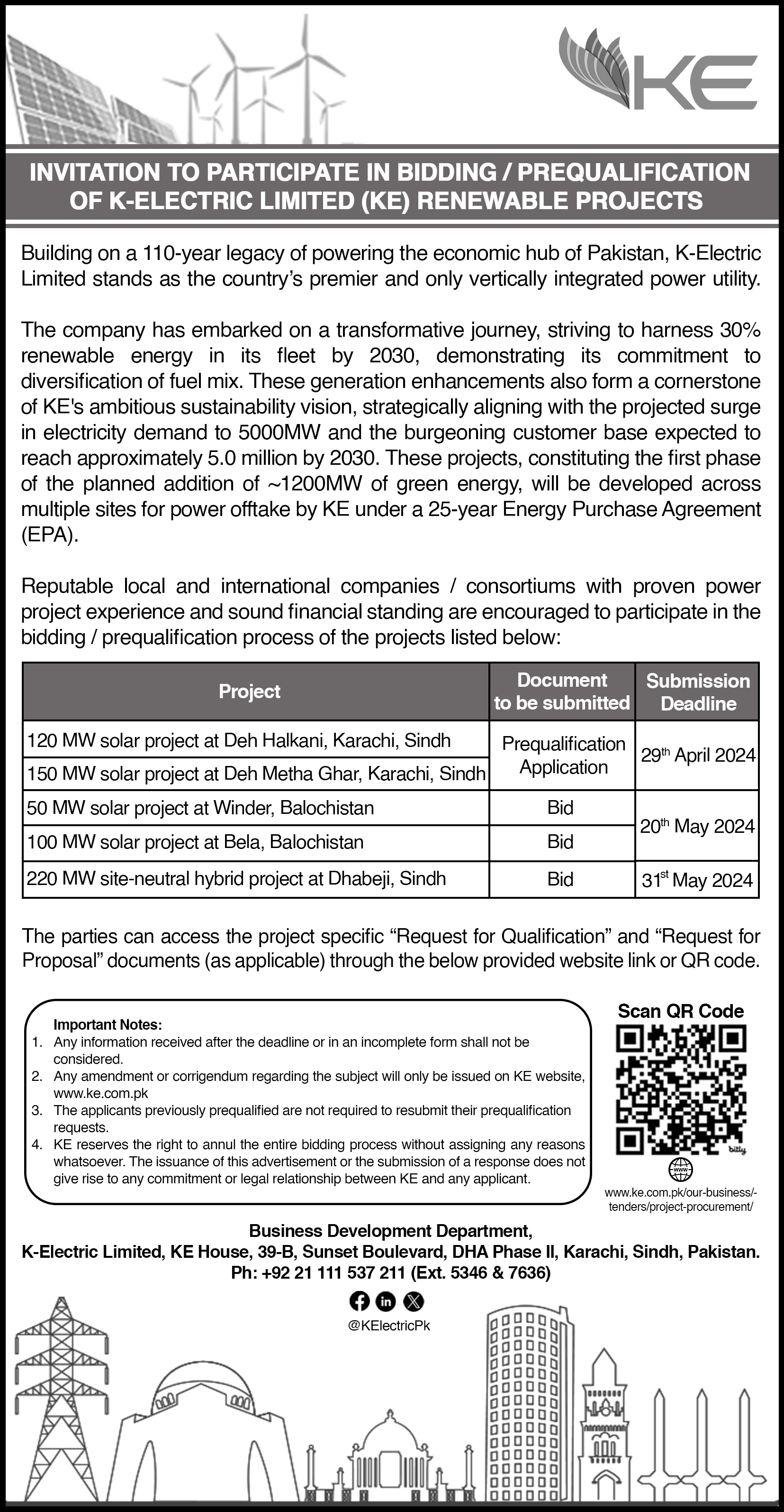Invitation to Participate in Bidding / Prequalification of K-Electric Limited (KE) Renewable Projects