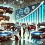 DALL·E 2024-07-27 08.59.52 – A bustling car showroom scene depicting three major car brands, represented by sleek and luxurious cars, facing tough competition in sales with smalle