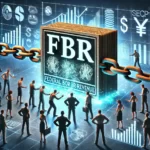 DALL·E 2024-09-20 22.49.50 – An image showing frustrated small business owners standing in front of a large bureaucratic barrier symbolizing the FBR (Federal Board of Revenue). Th