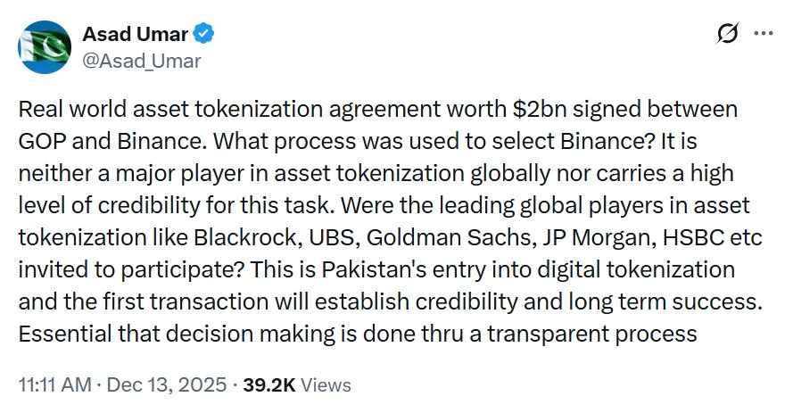 Pakistan’s former finance czar questions Binance selection for $2bn asset tokenisation deal, seeks transparency